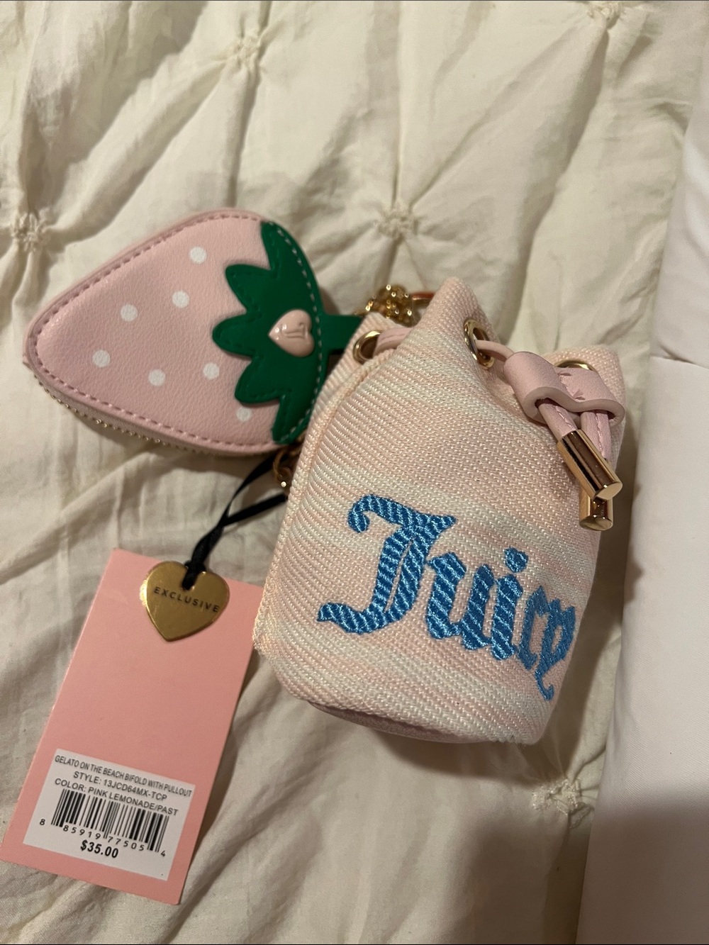 Juicy Couture Pink Mini Drawstring Charm with Blue Logo